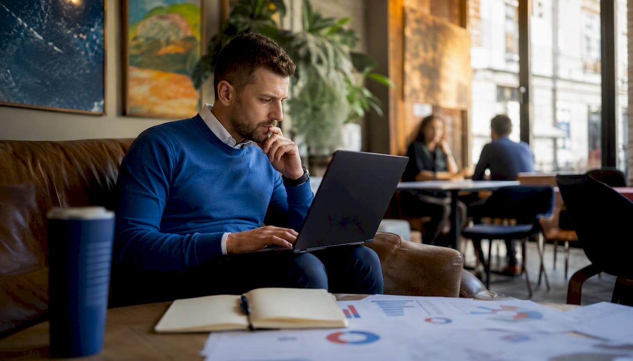 Man working on backlink analysis in co-working space