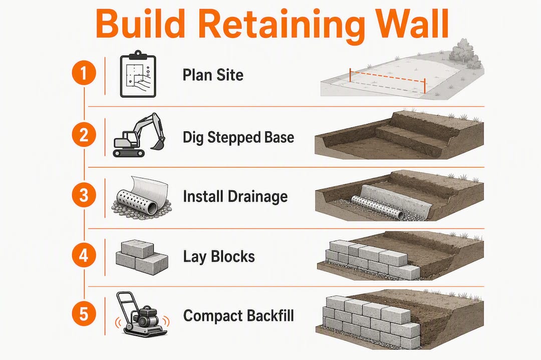 Infographic showing retaining wall building steps