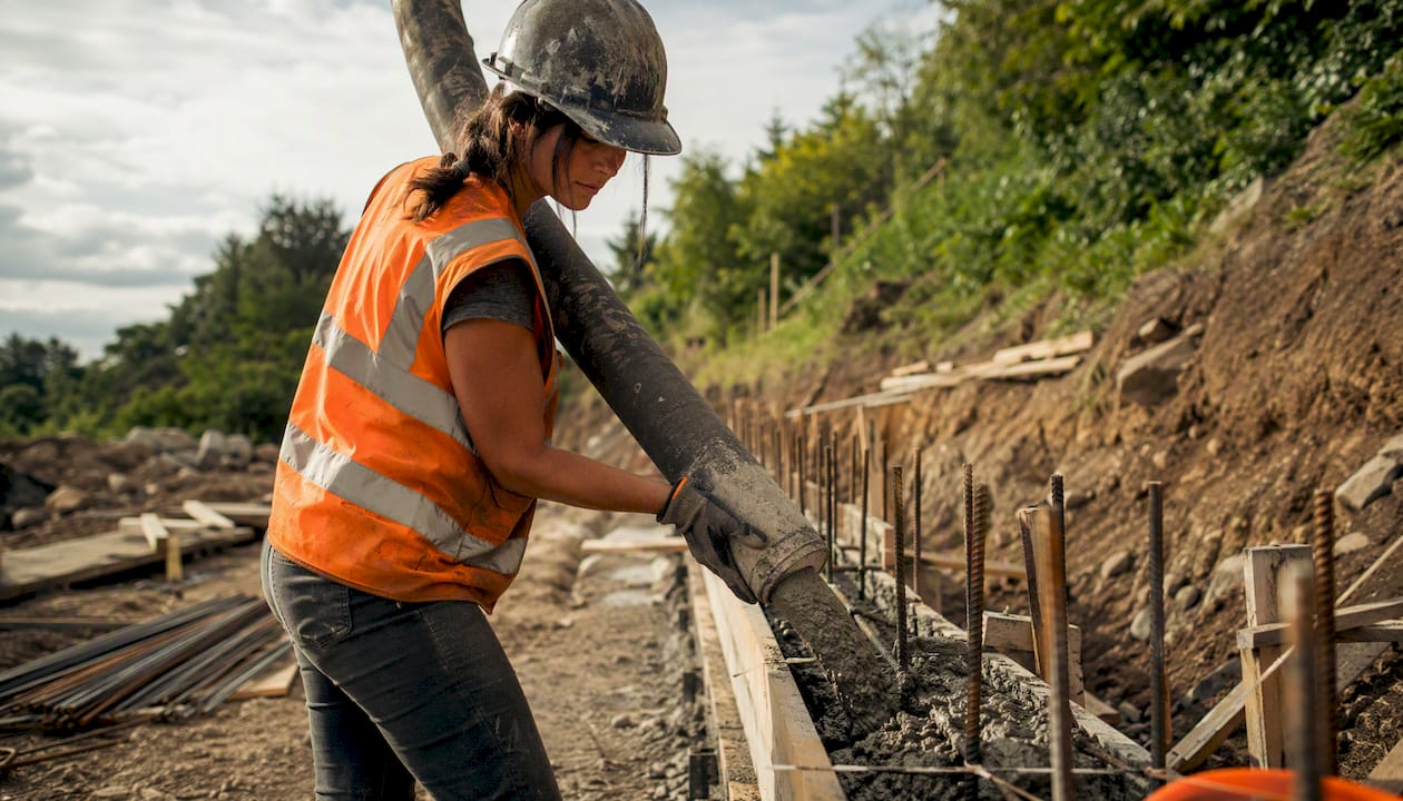 Worker pouring concrete into retaining wall footing