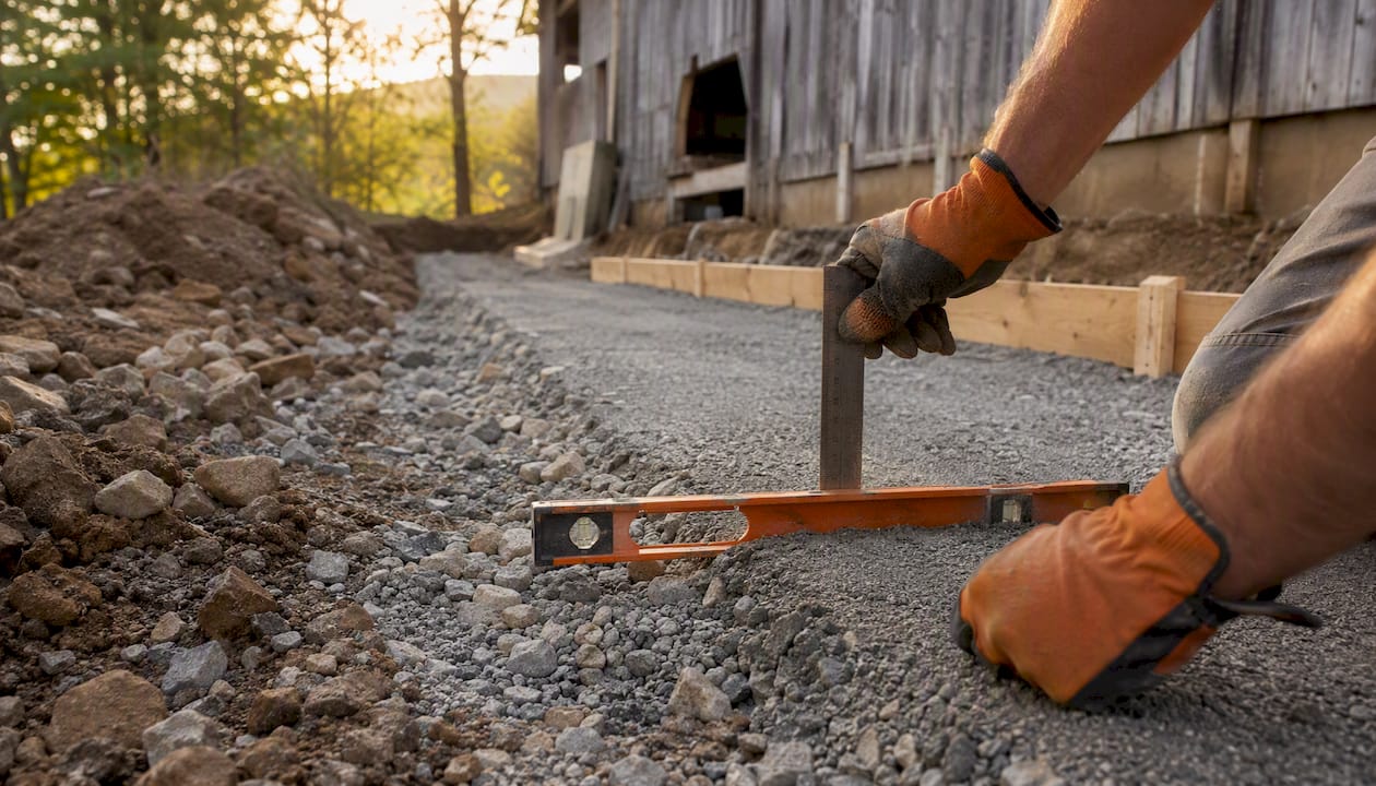 Hands measuring wide gravel footing base