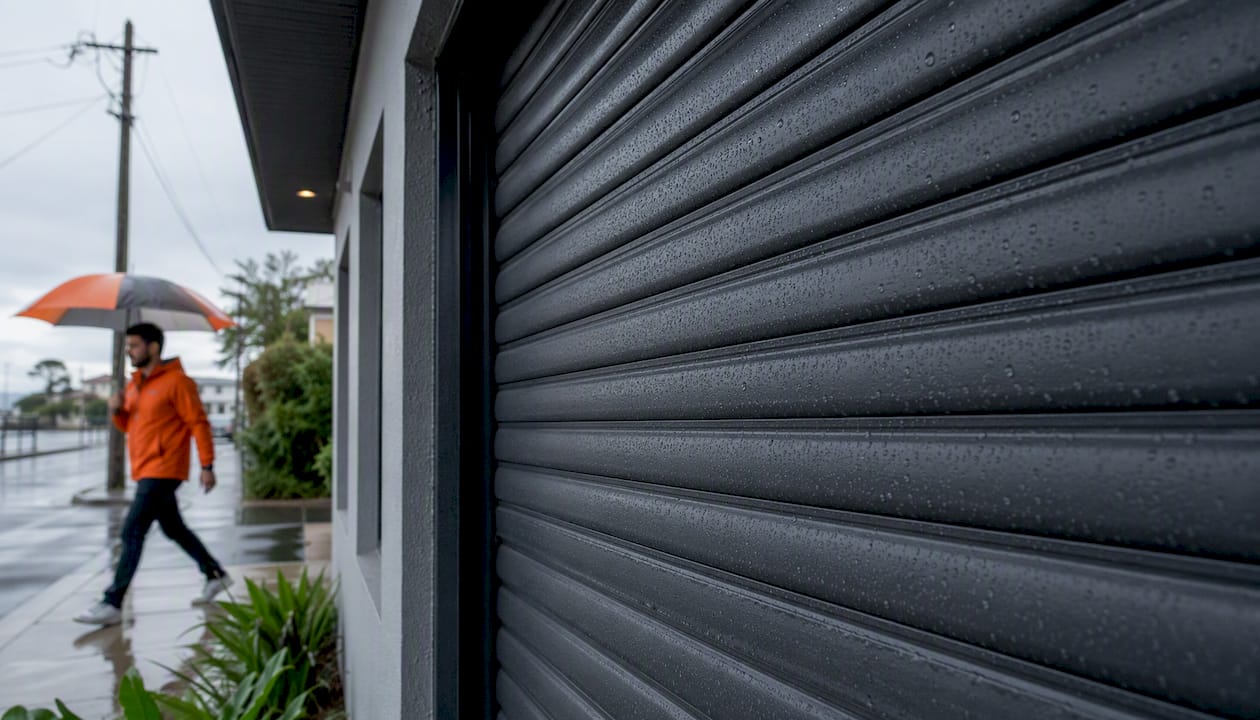 House with cyclone-rated roller shutters during stormy weather
