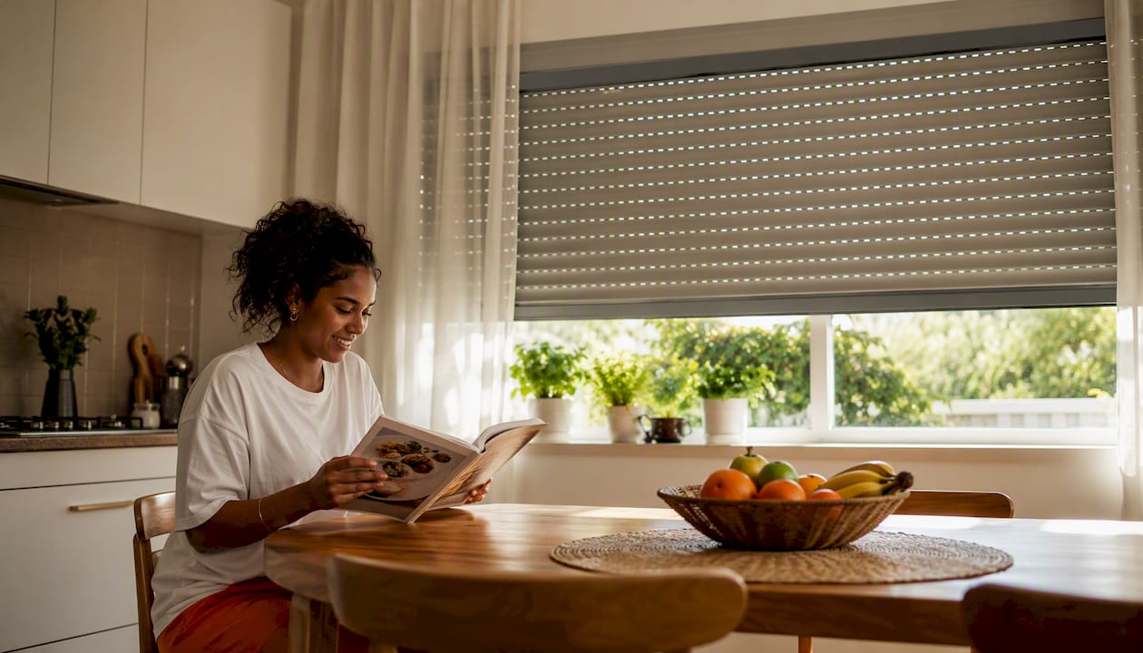 Woman reading near window with thermal shutters