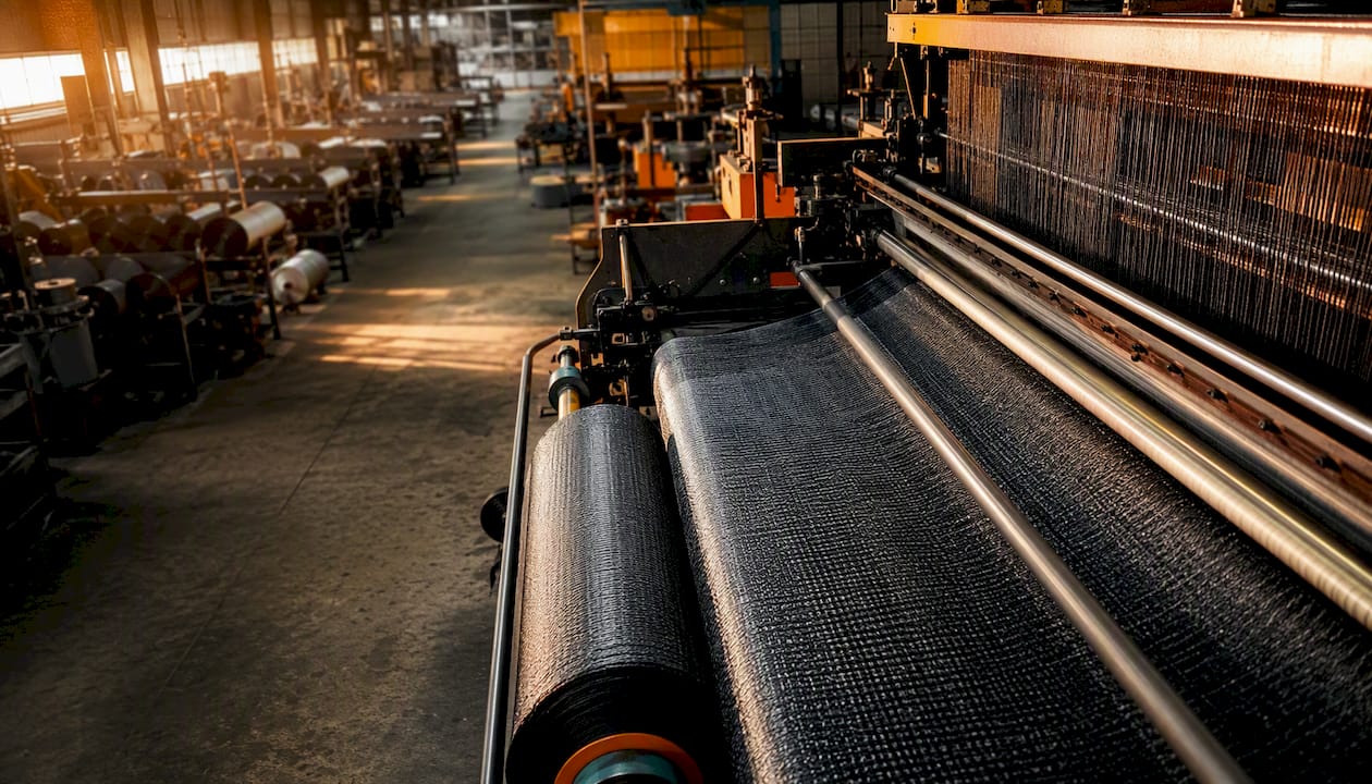Woven geotextile fabric on industrial weaving machine