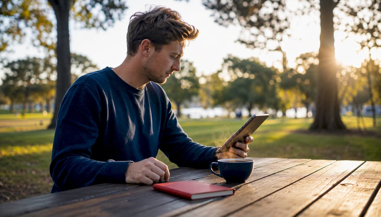 Freelancer reviewing hosting expenses outdoors