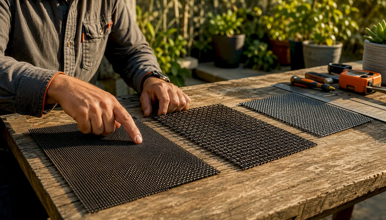 Overhead shot of security mesh brand samples on workshop table