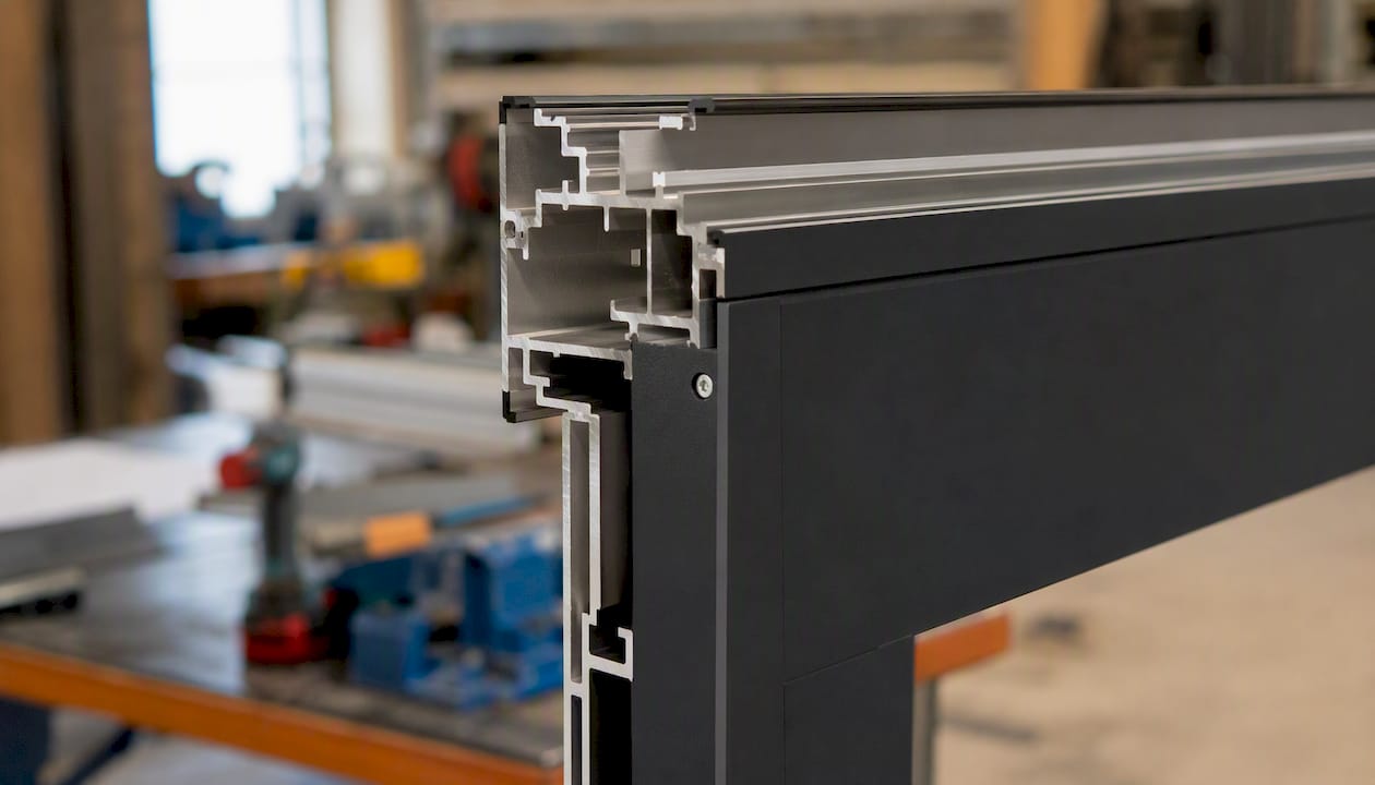 Close-up security door frame with anodised and powder coat finishes