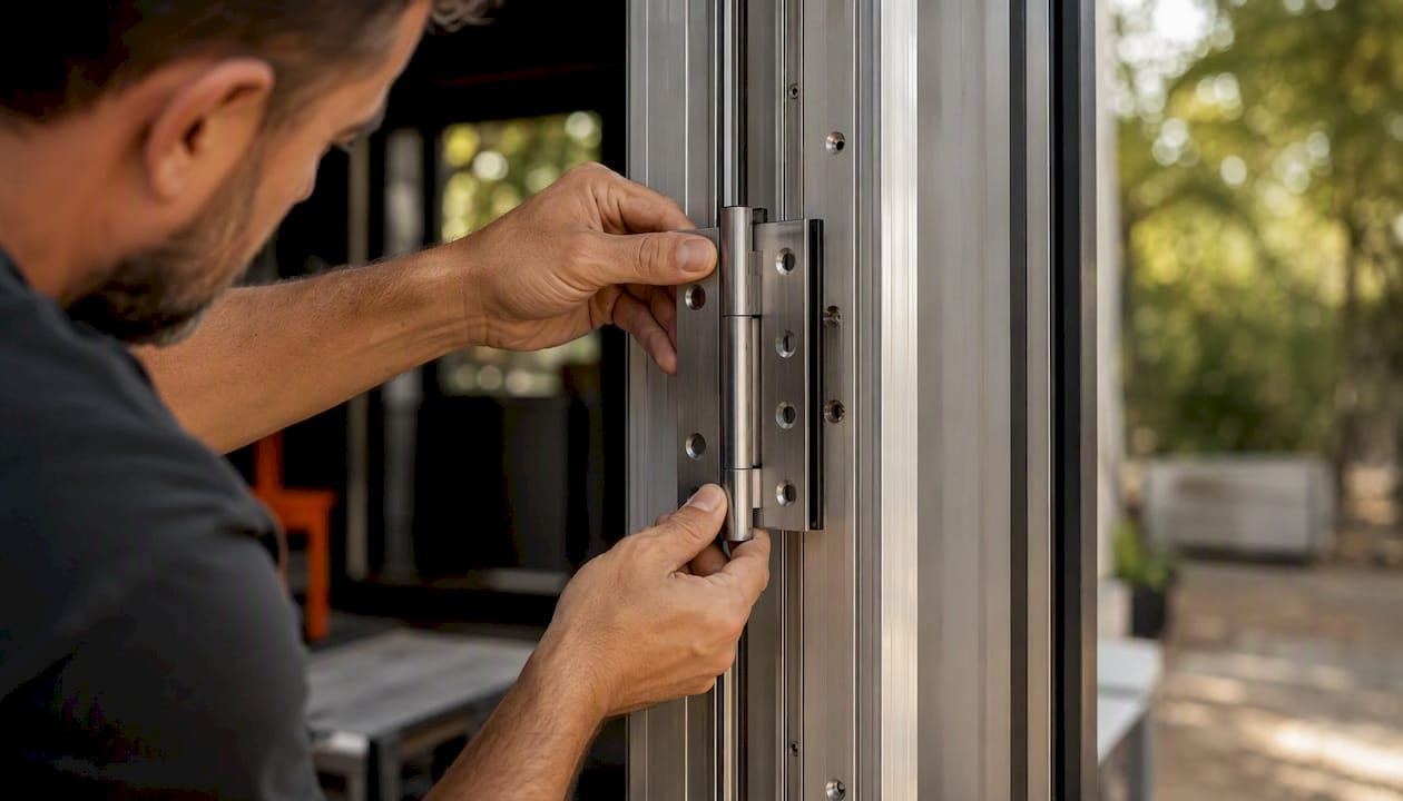 Hands assembling steel hinge on aluminium door frame