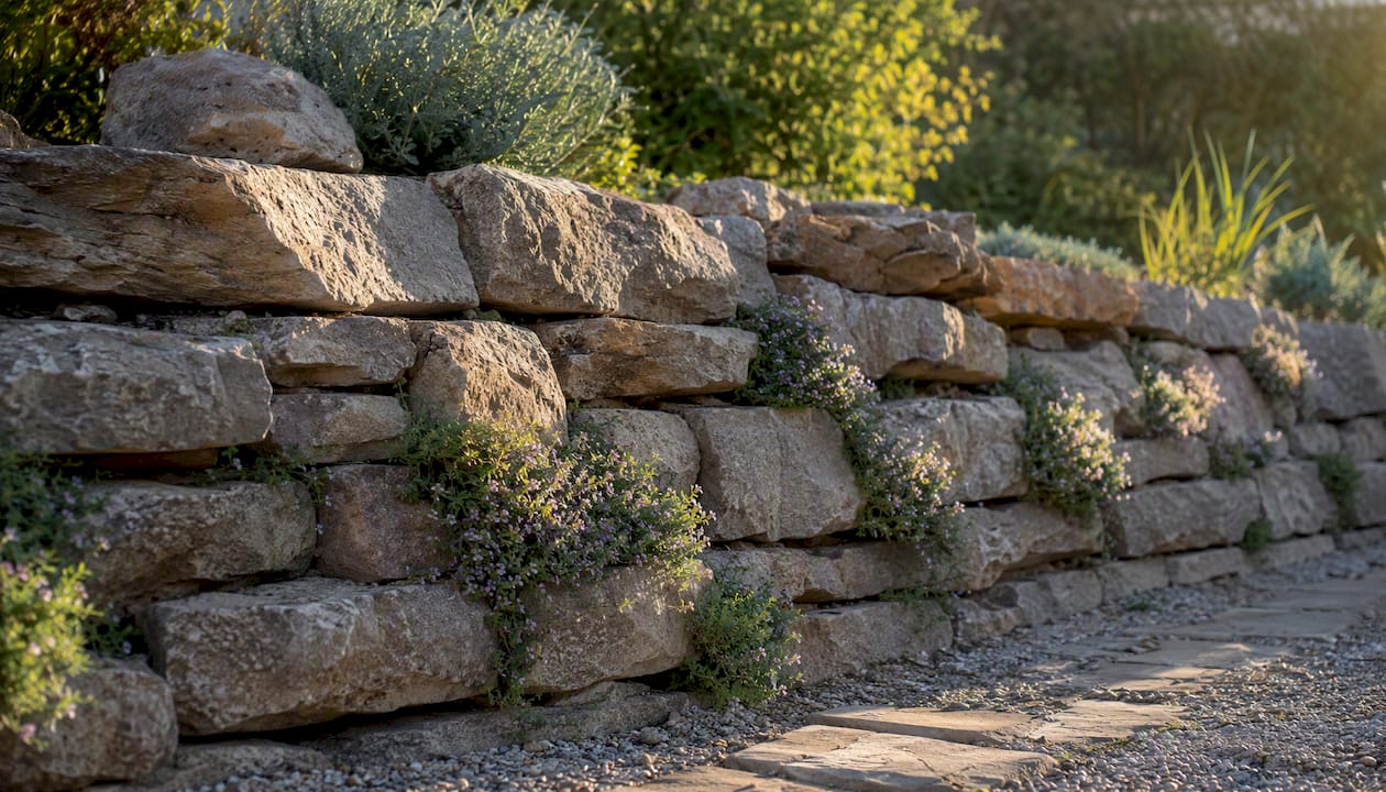 Dry-stacked rustic sandstone retaining wall with plants