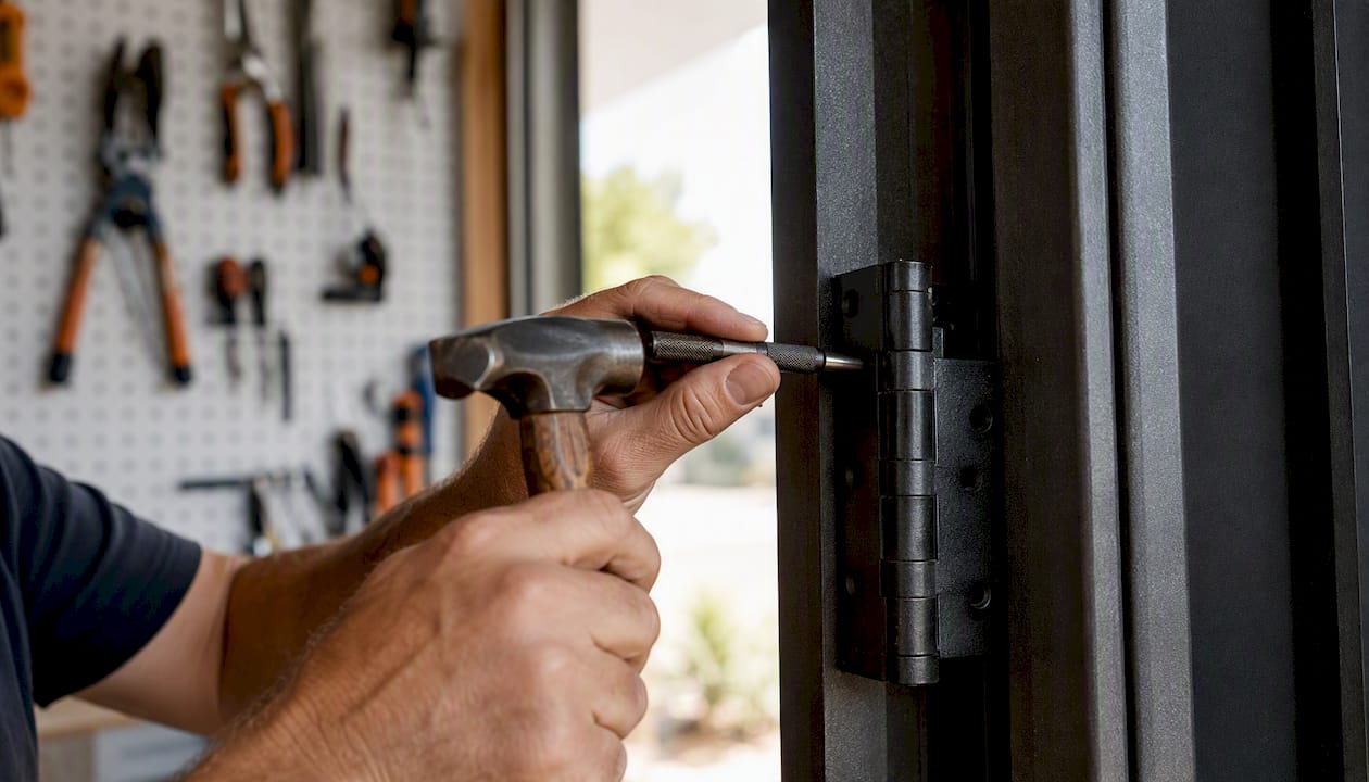 Hinge pin being hammered into security door hinge