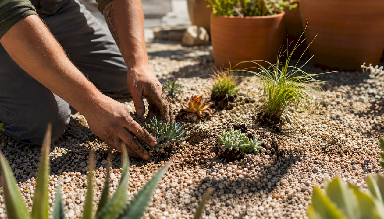 Hands planting drought-tolerant plants in gravel