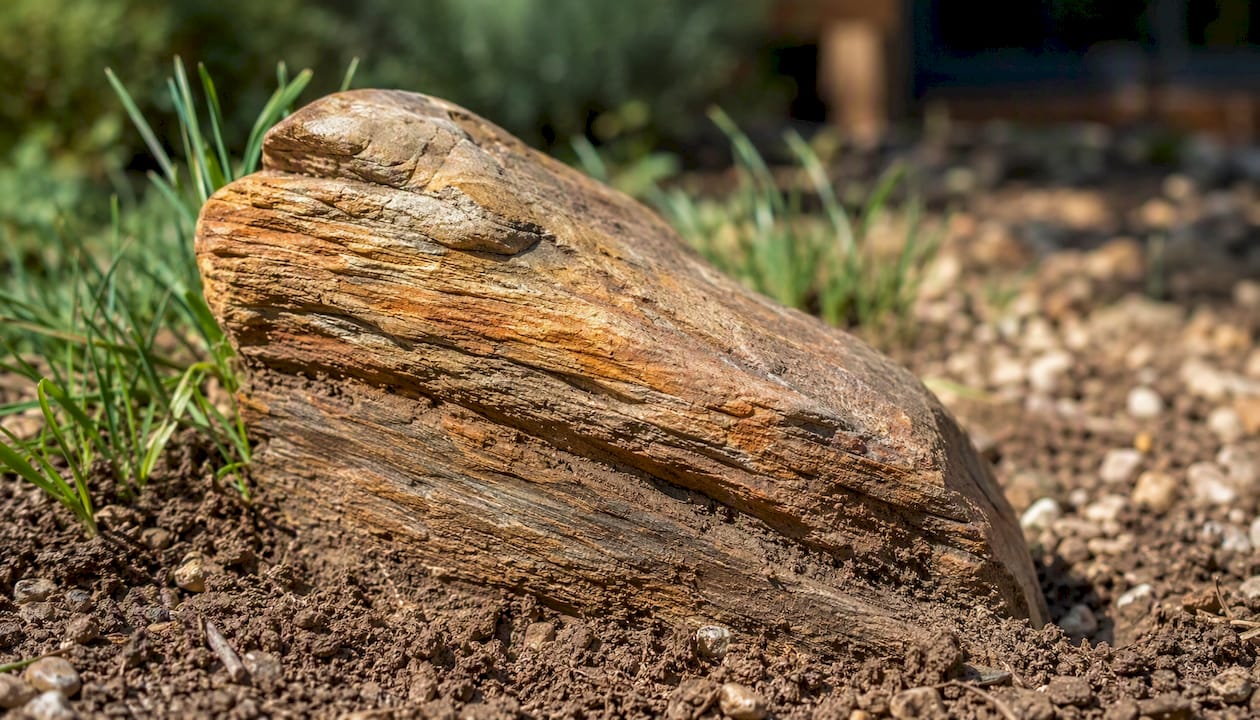 Partially buried sandstone rock in soil