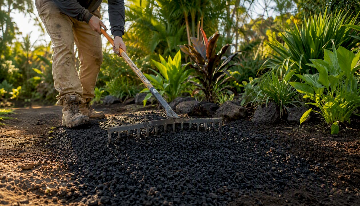 Landscaper spreading black lava rock