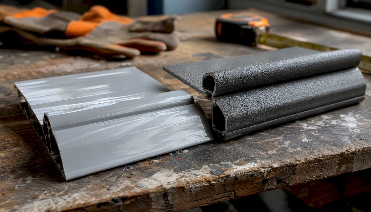 Aluminium and steel roller shutter slat samples side by side