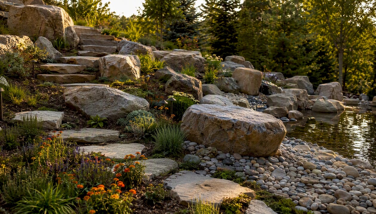 Varied boulder landscaping by yard size