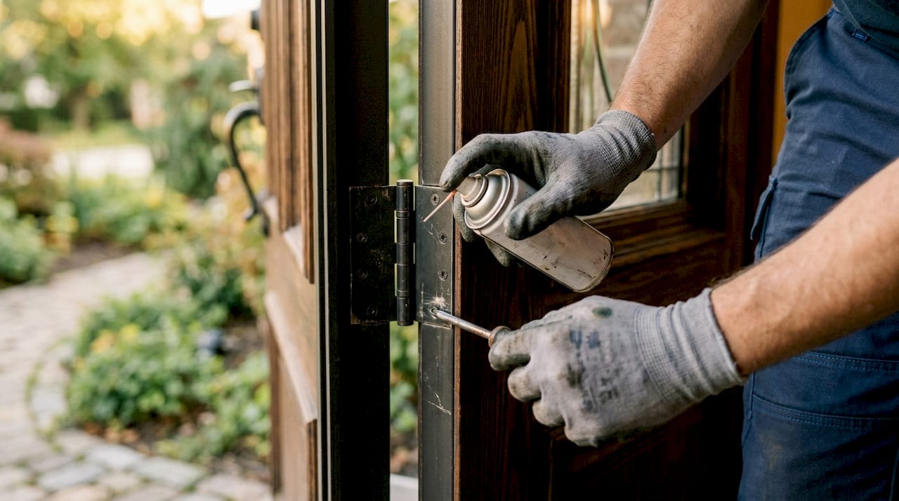 Hands maintaining security door hinge