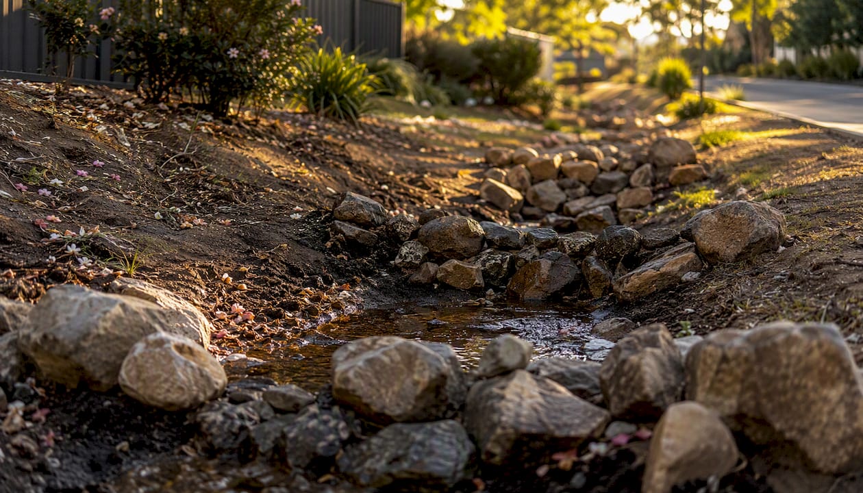 Drainage swale with rock check dams in yard