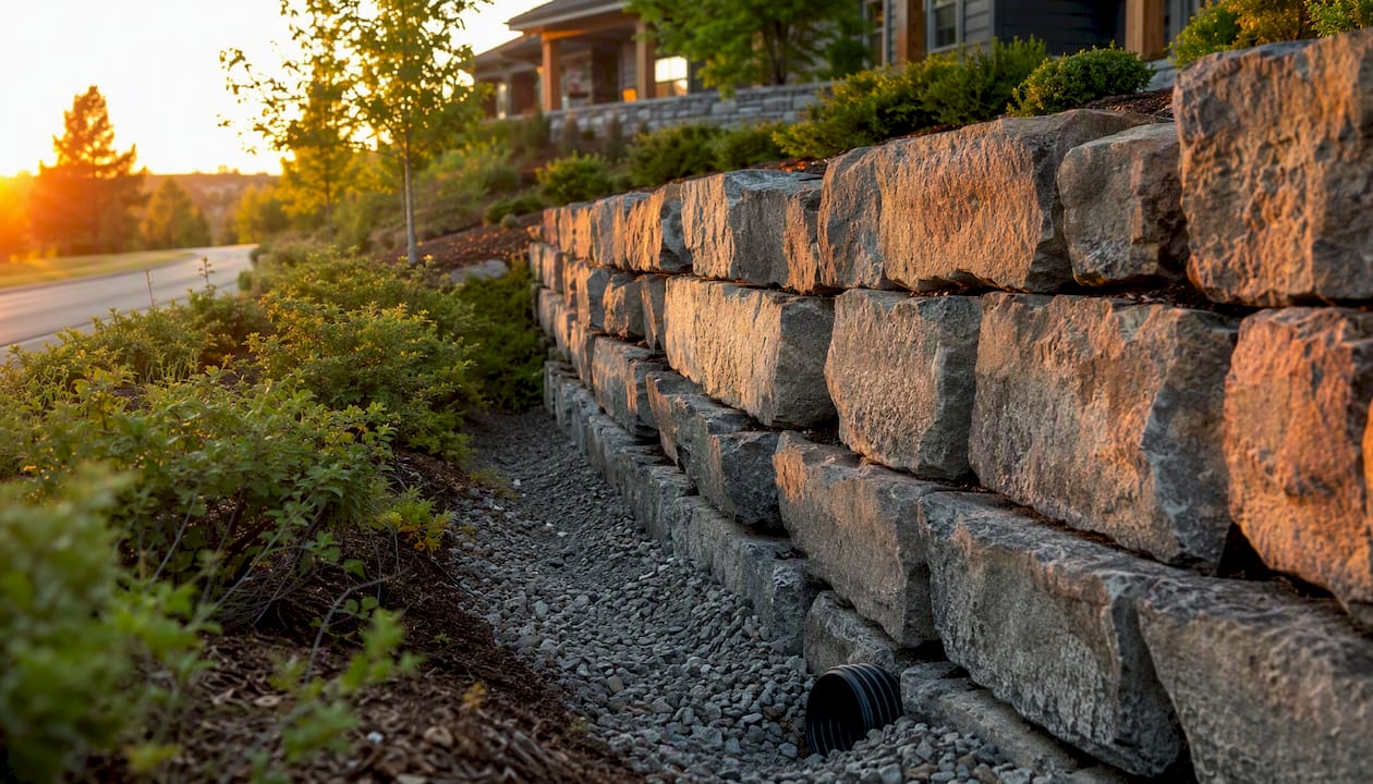 Rock retaining wall with drainage trench on slope