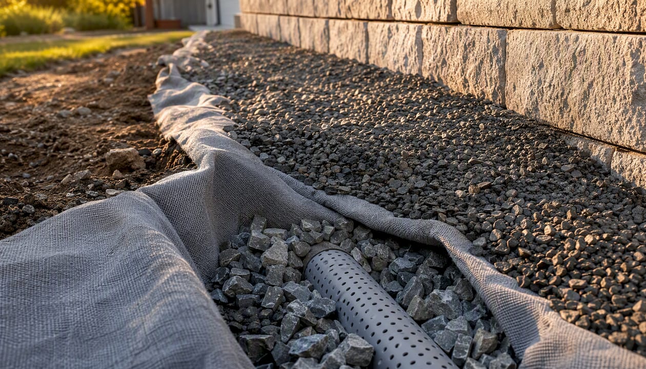 Retaining wall subdrain pipe with drainage rock