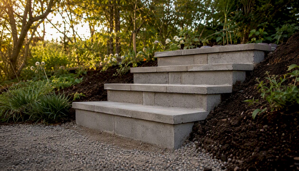 Modular concrete block garden steps in backyard