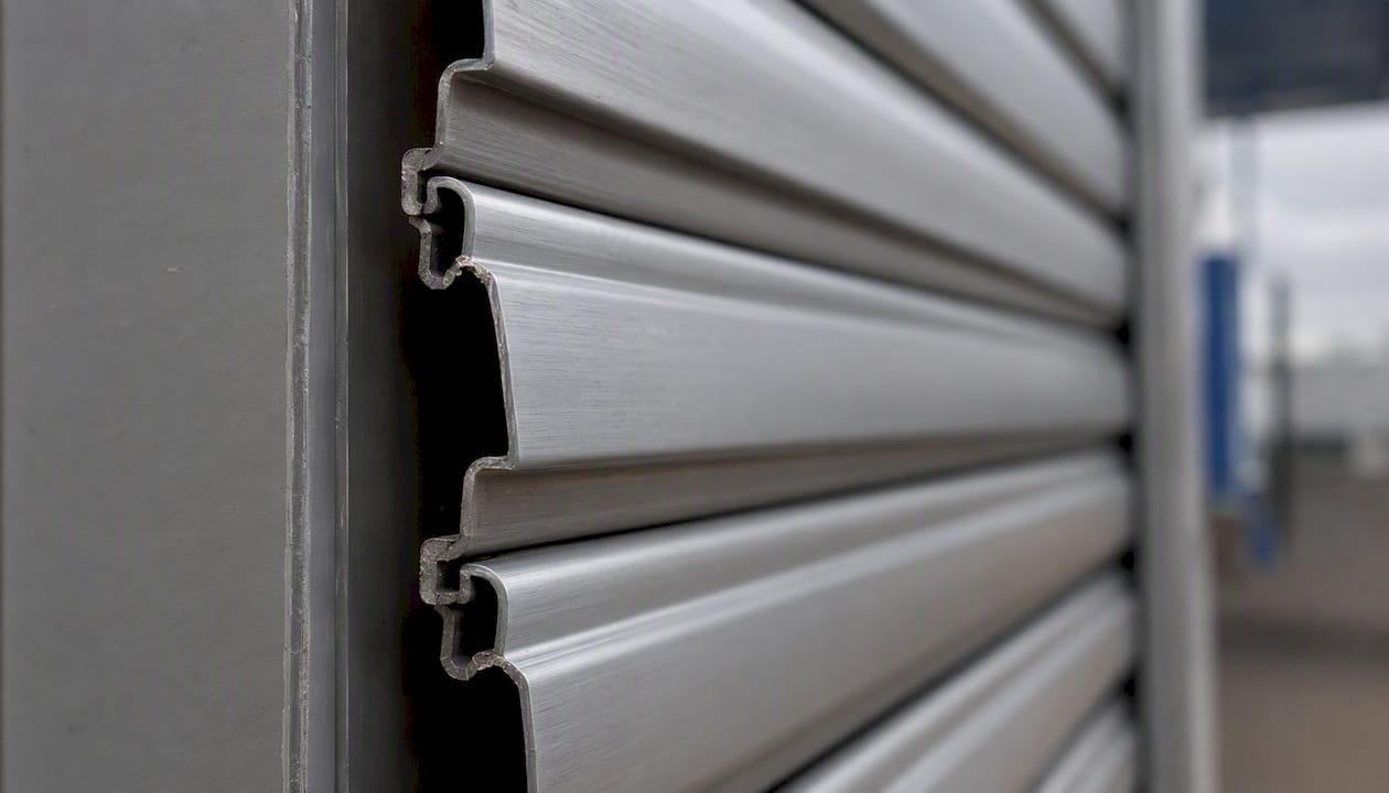 Close-up of roller shutter slats interlocking