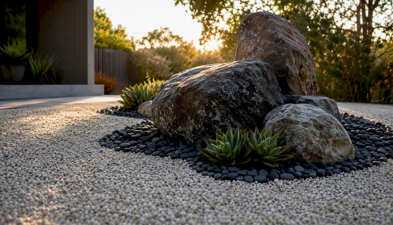 Minimalist geometric rock garden with contrasting stone colors