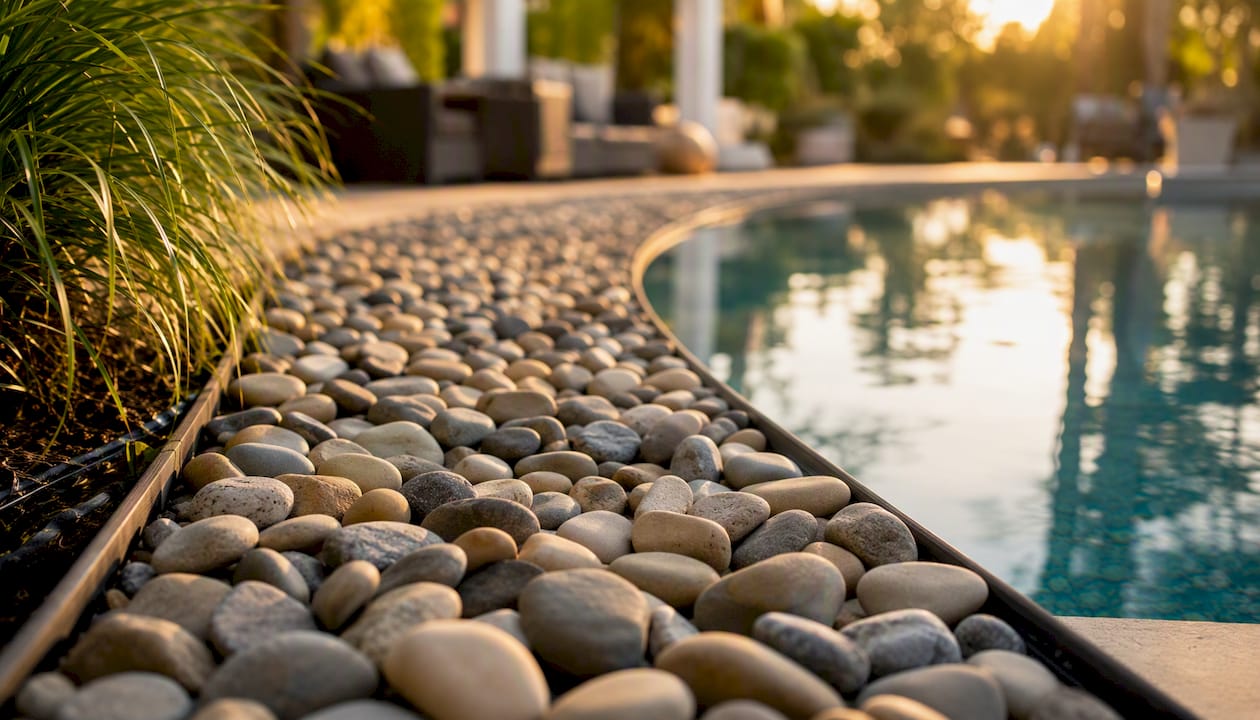 Smooth rounded river rocks on pool border