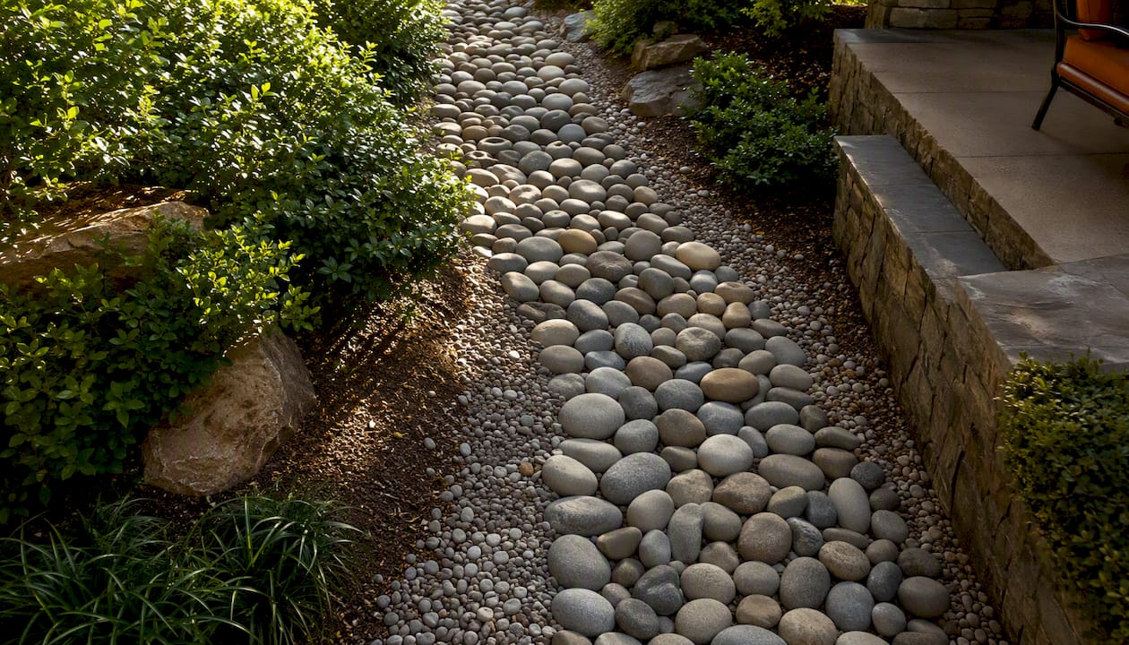 Dry creek bed drainage with river rocks