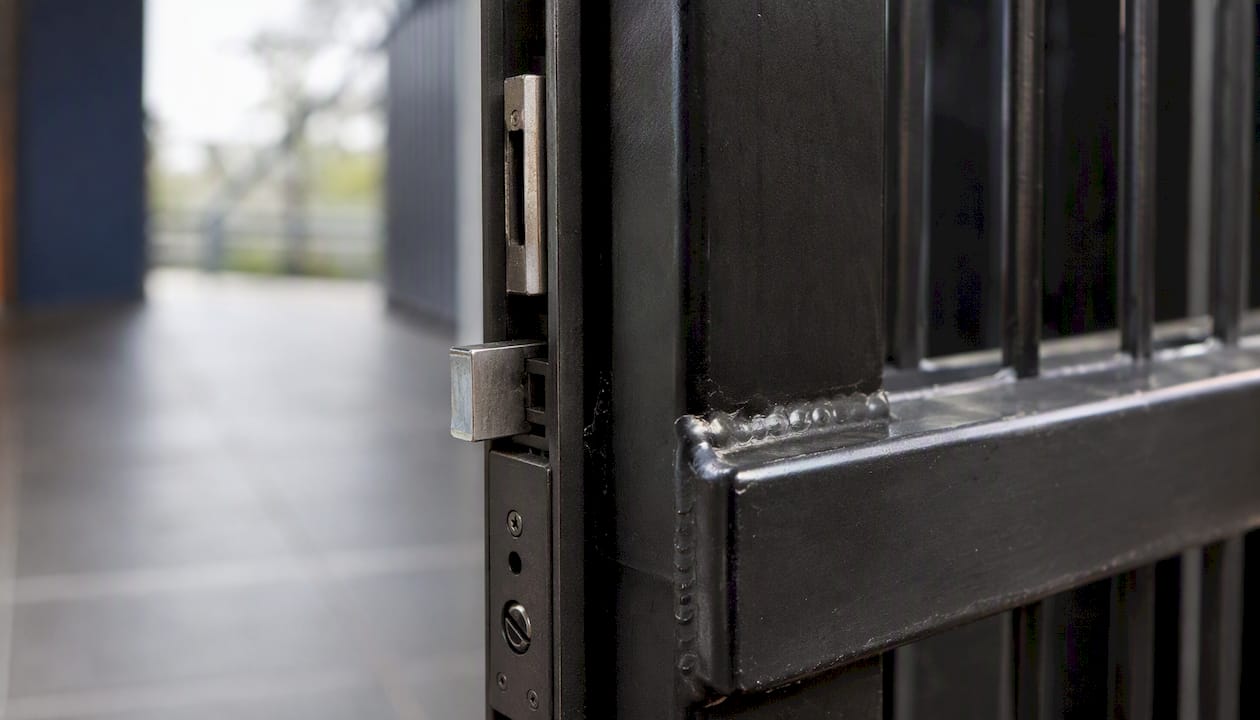 Security door frame welded corner and lock