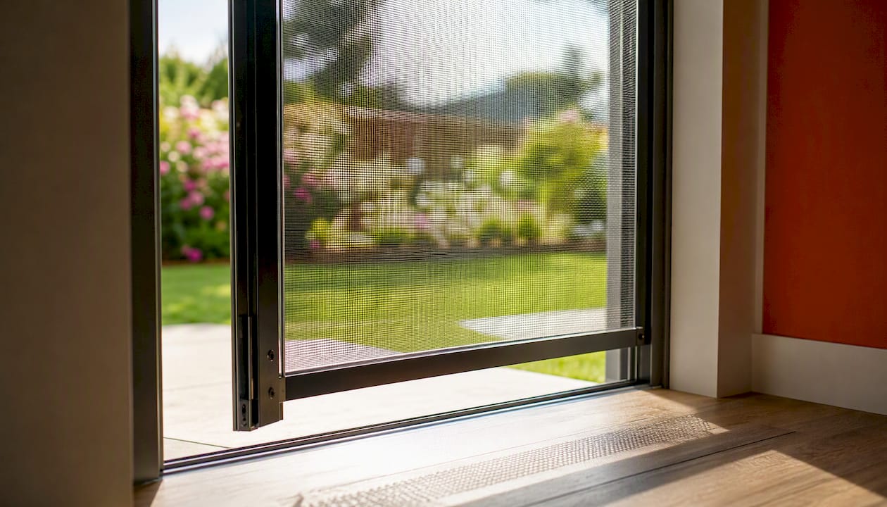 Light flyscreen door open on house