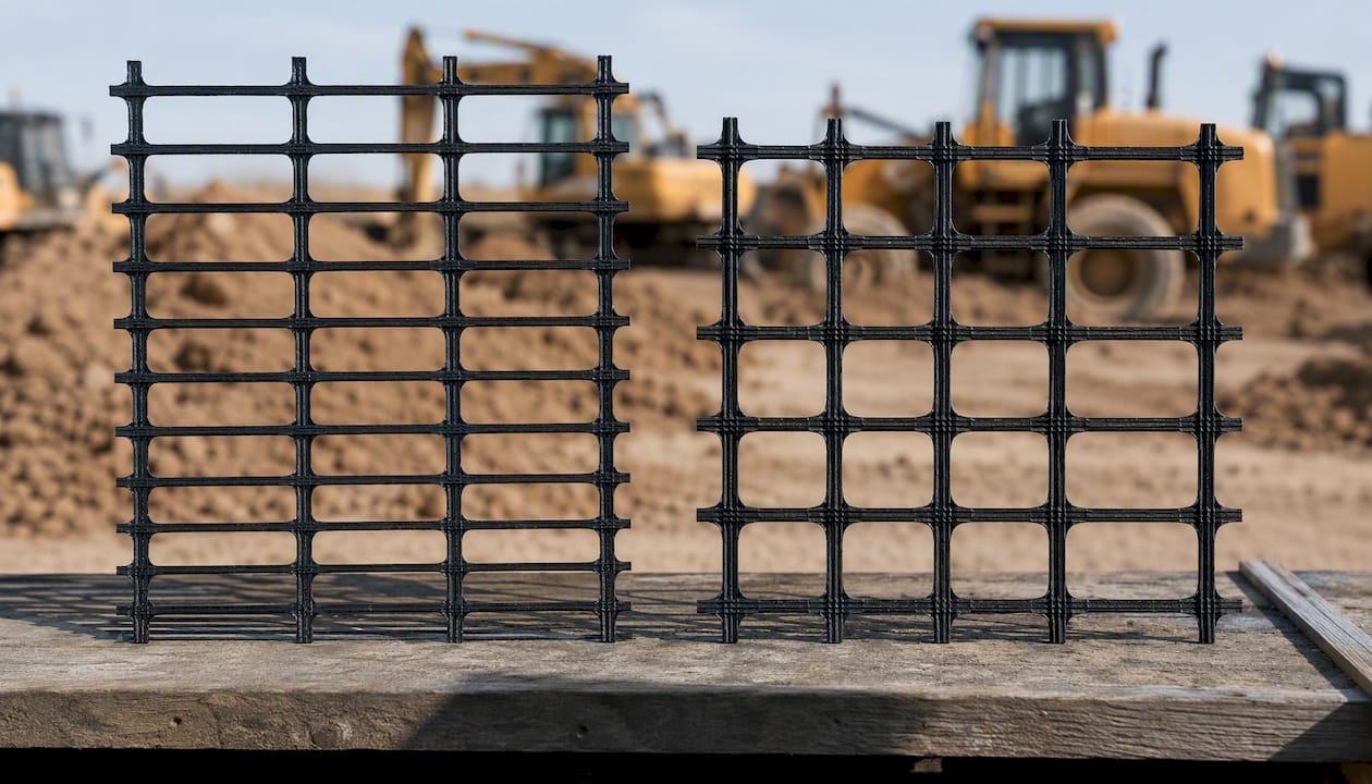 Close-up of plastic geogrid mesh layers