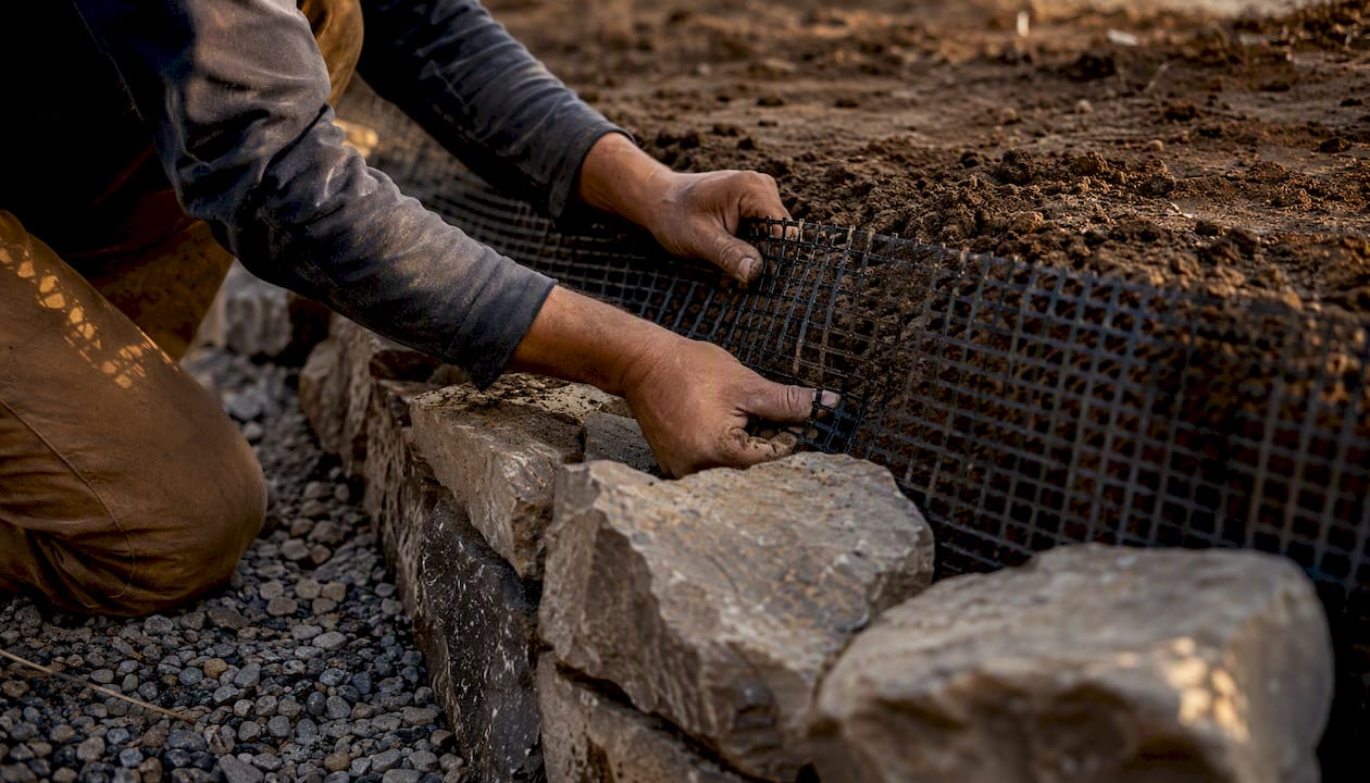 Hands tensioning geogrid on retaining wall site