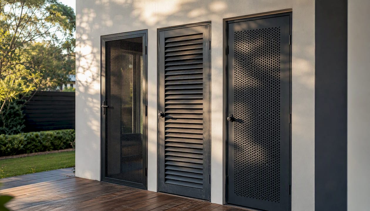 Varied styles of security doors outdoors