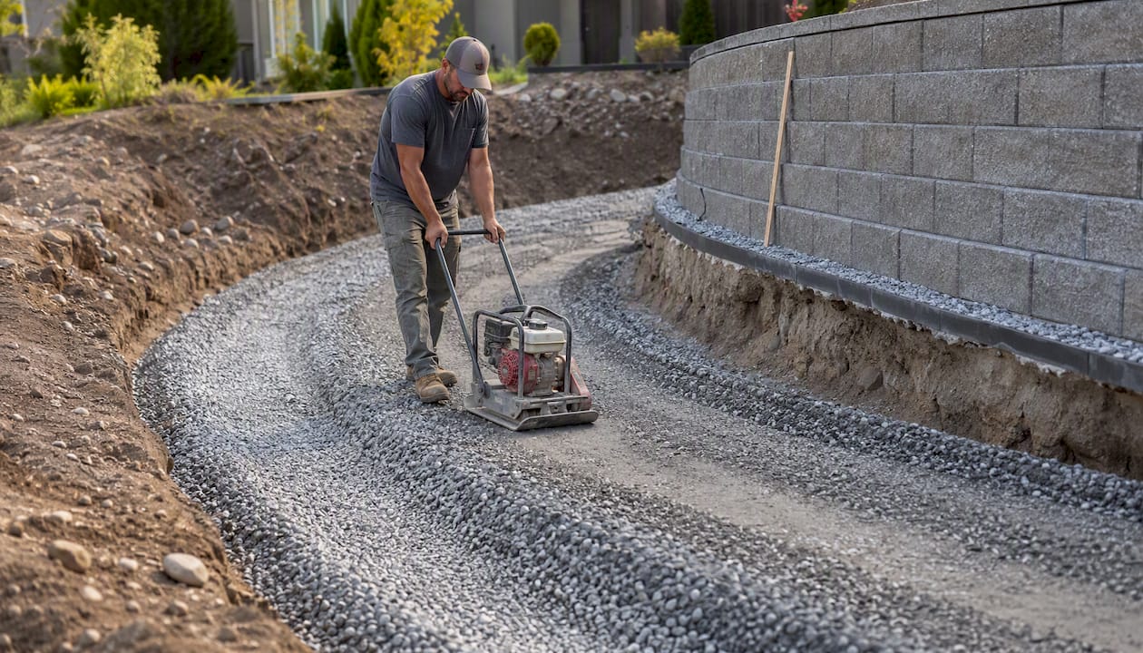 Compacting crushed rock foundation in trench