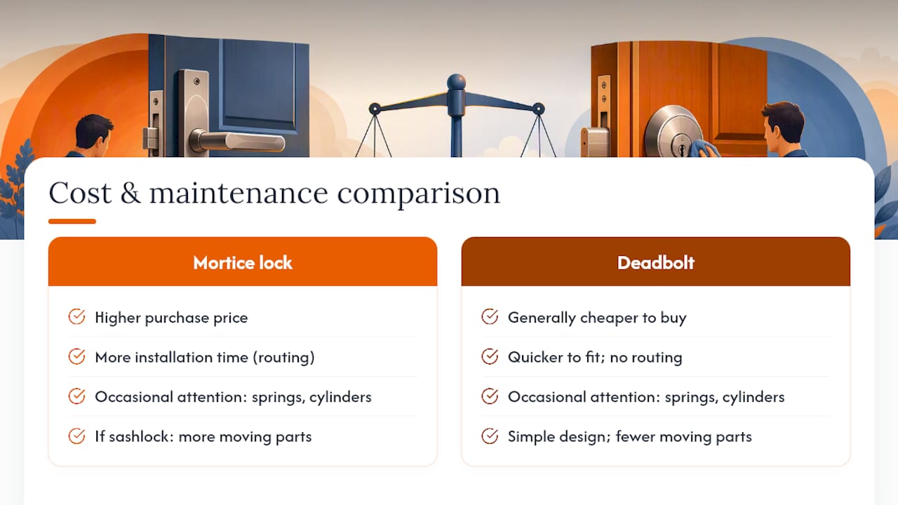 Cost and upkeep comparison chart of mortice locks and deadbolts