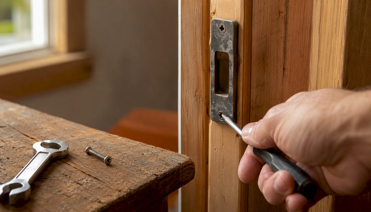 Hand installing long screw into door strike plate