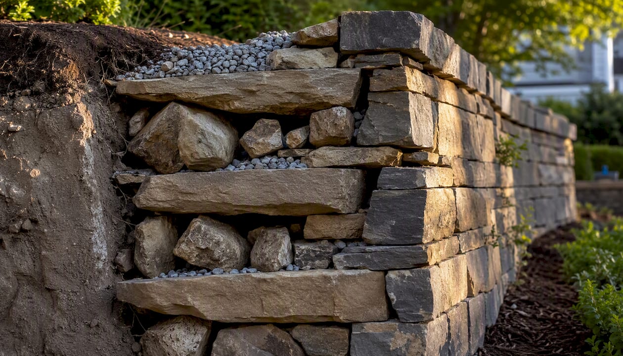 Close-up of dry stone retaining wall cross-section