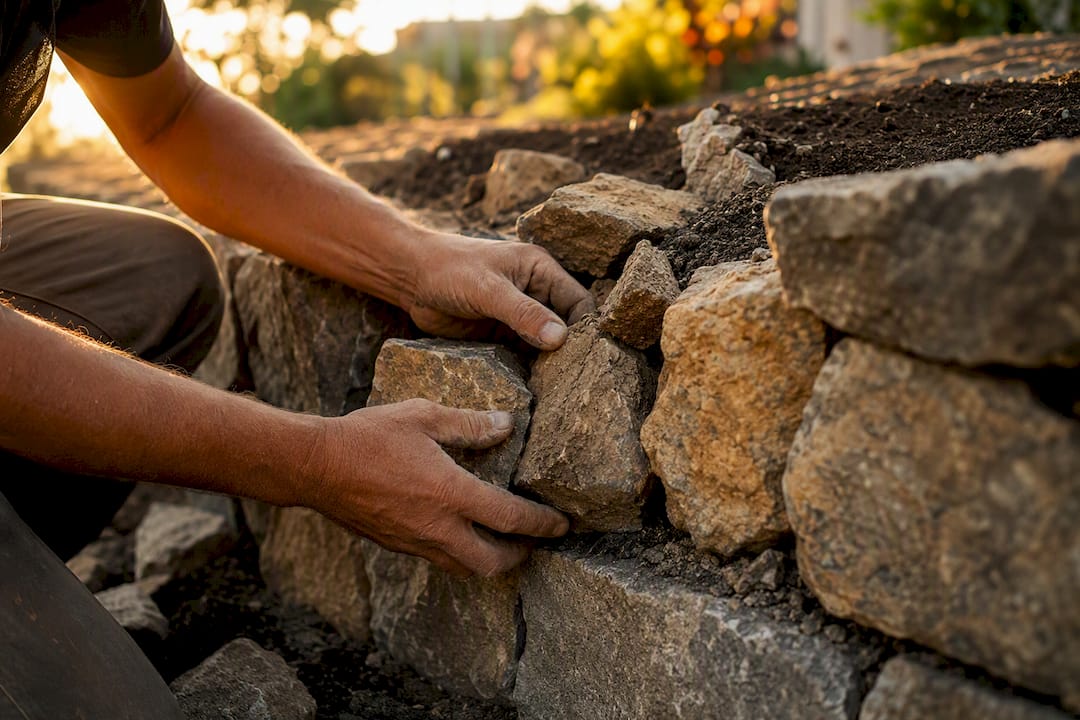 Hands placing hearting stones in dry stone wall core
