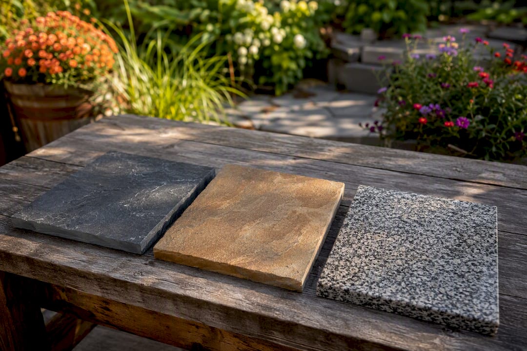 Bluestone, sandstone and granite slabs side by side