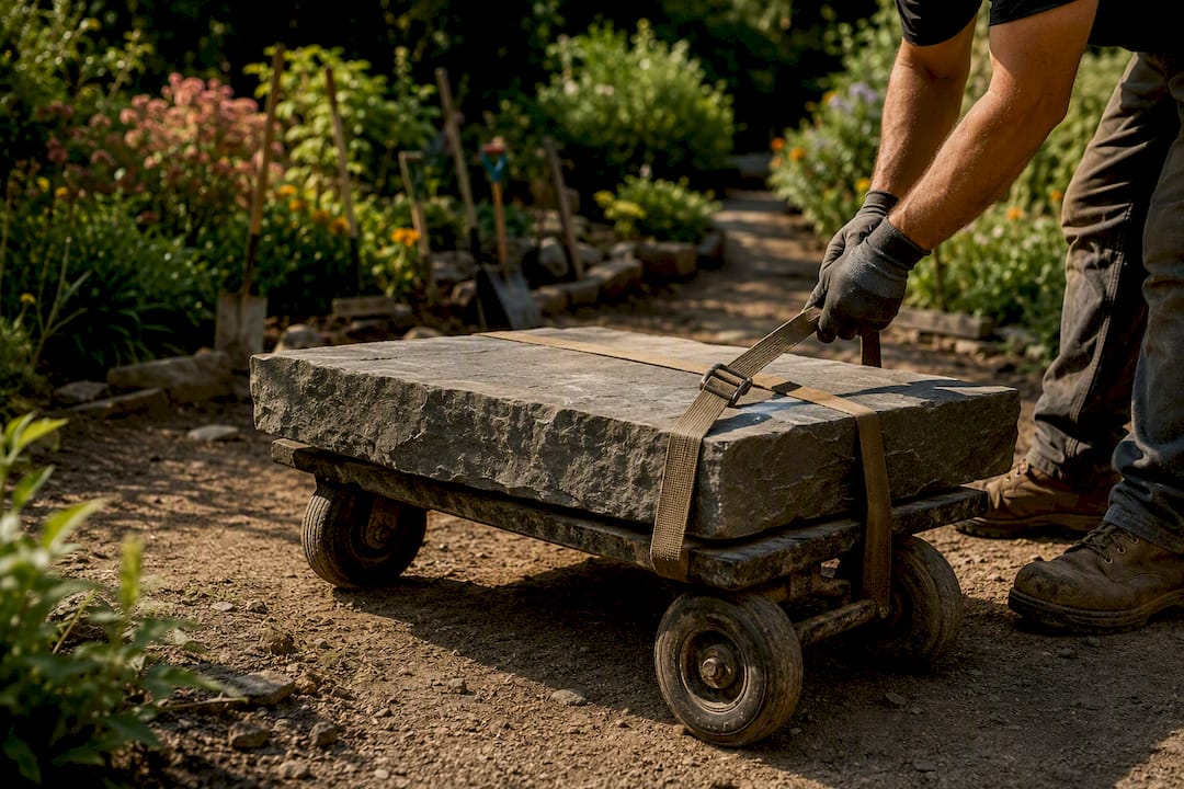 Stone dolly carrying heavy bluestone slab