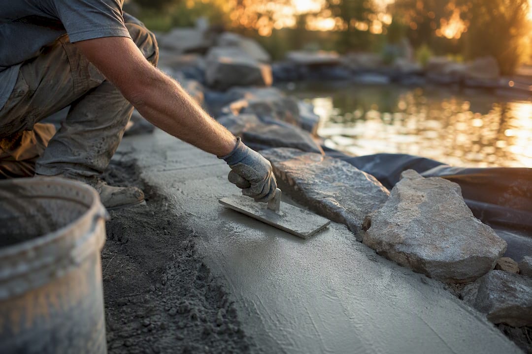 Concrete underlayment smoothing near pond edge