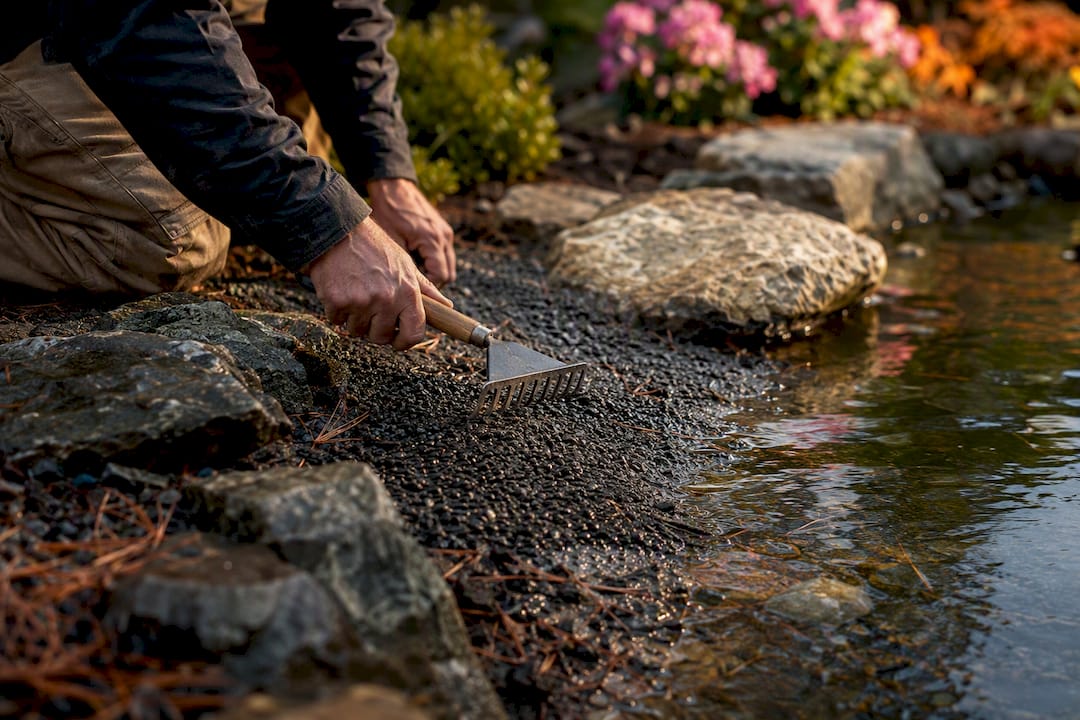 Hands raking gravel on pond edge