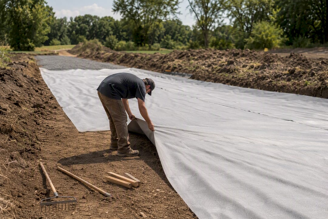 Worker spreading geotextile fabric on soil
