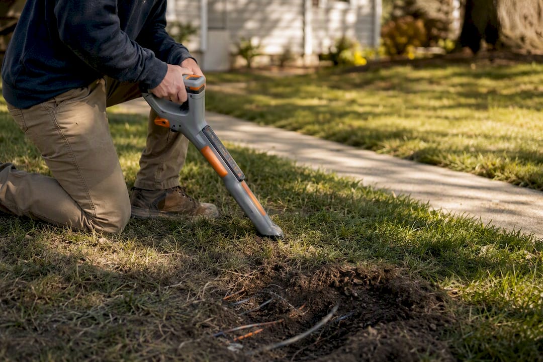 Technician scanning lawn with electronic locator