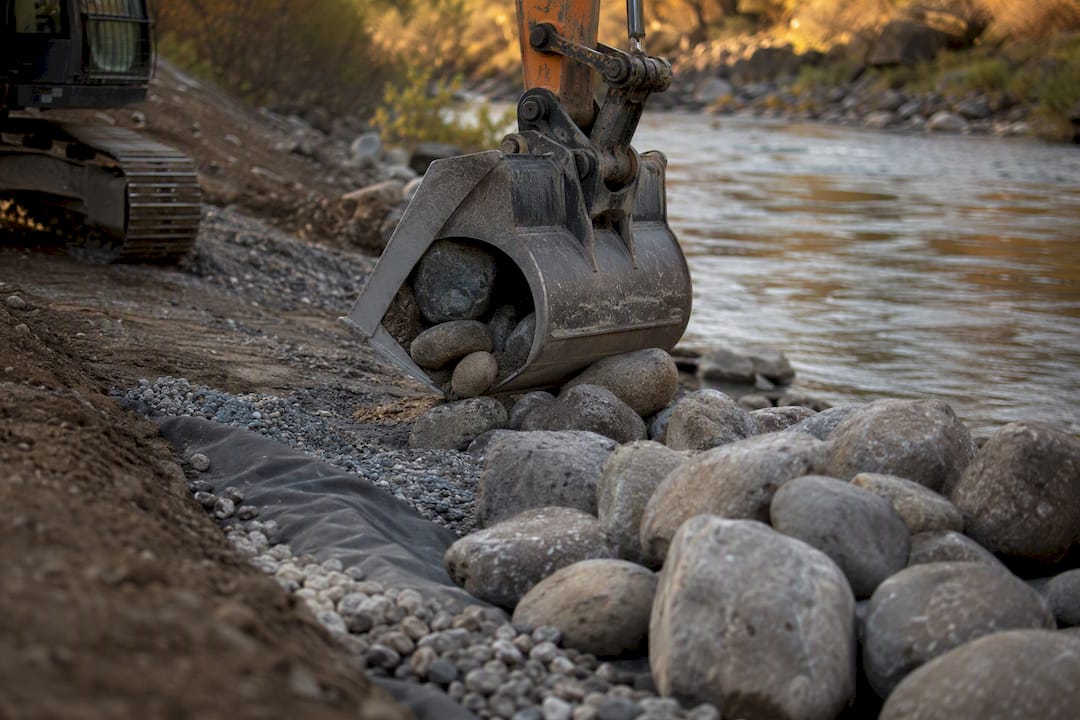 Excavator placing rock for creek bank stabilization
