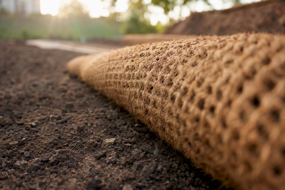 Close-up of coir erosion control matting fibers