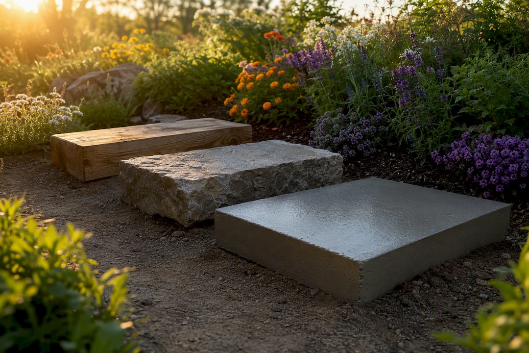 Timber, stone, and concrete garden step samples