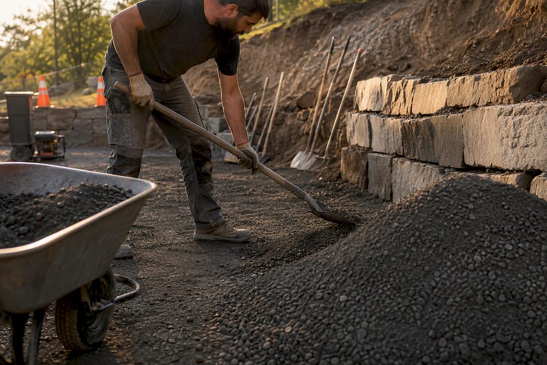 Landscaper spreading crusher dust pile for compaction