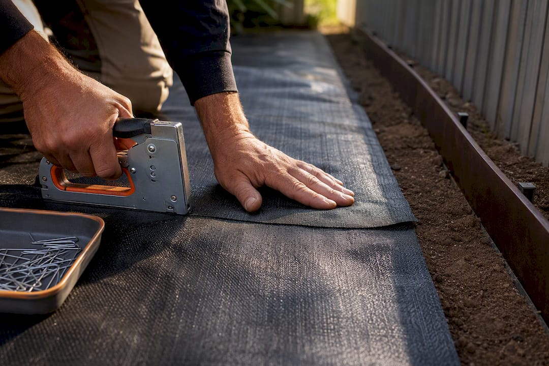 Woven geotextile fabric seam beneath gravel