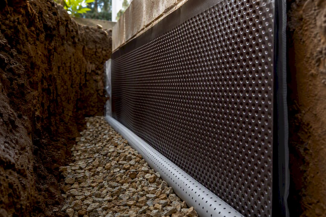 Dimpled membrane beside retaining wall drainage