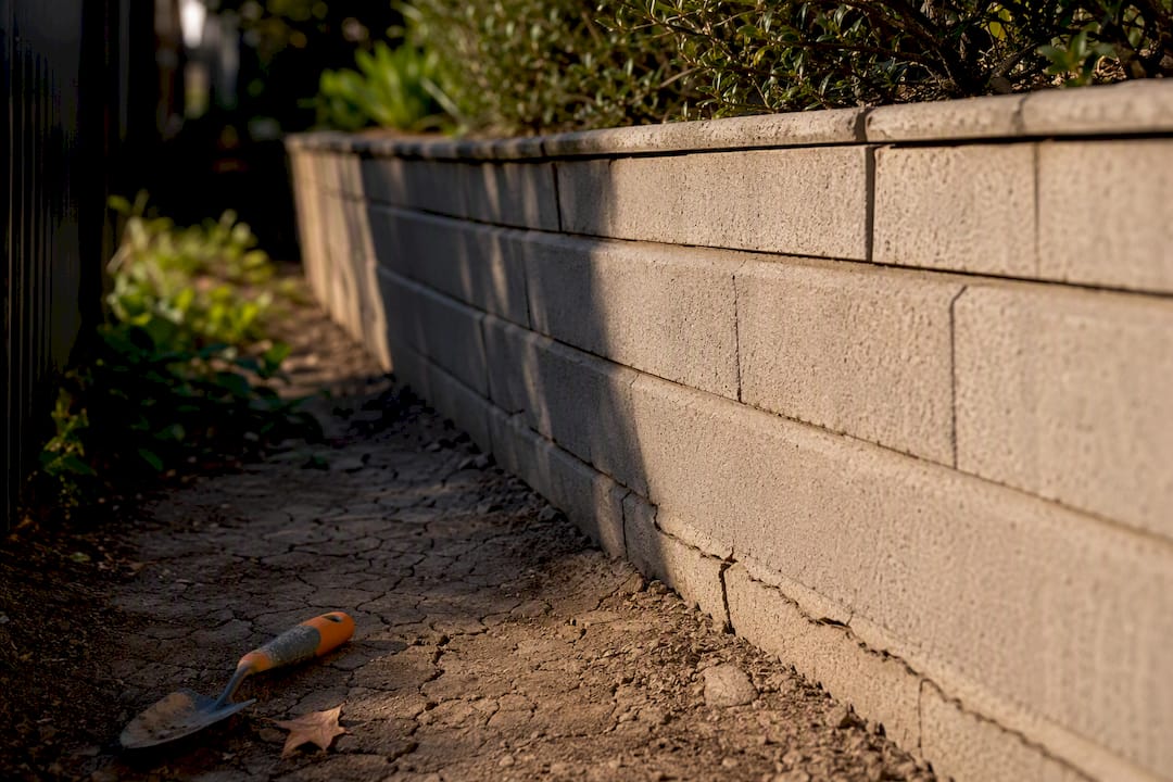 Leaning retaining wall with clay-related cracks